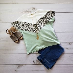 Sage & Animal Print Color Block Top